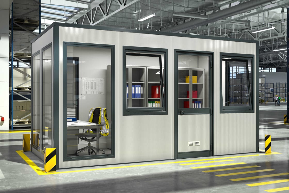 Einsatz einer SmartUnit in einer Lagerhalle als geschützter Büroraum in der Größe von 4x2 Elementen.