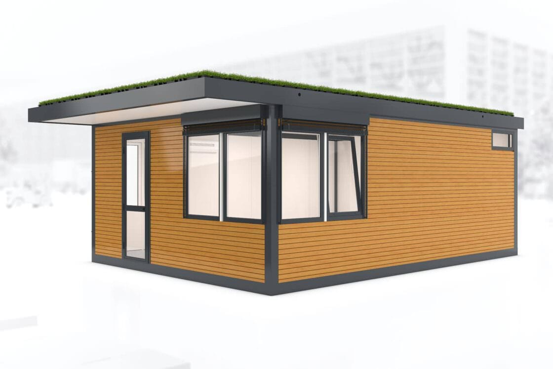 Das diesjährige Exponat für die LogiMAT 2019 ist ein W-Raumsystem als Pförtnerhaus mit Dachbegrünung und Holzvertäfelung.