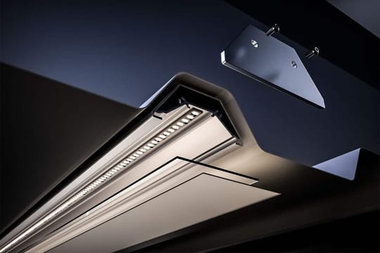Exploded view of a lamp integrated in the roof plate of the canopy